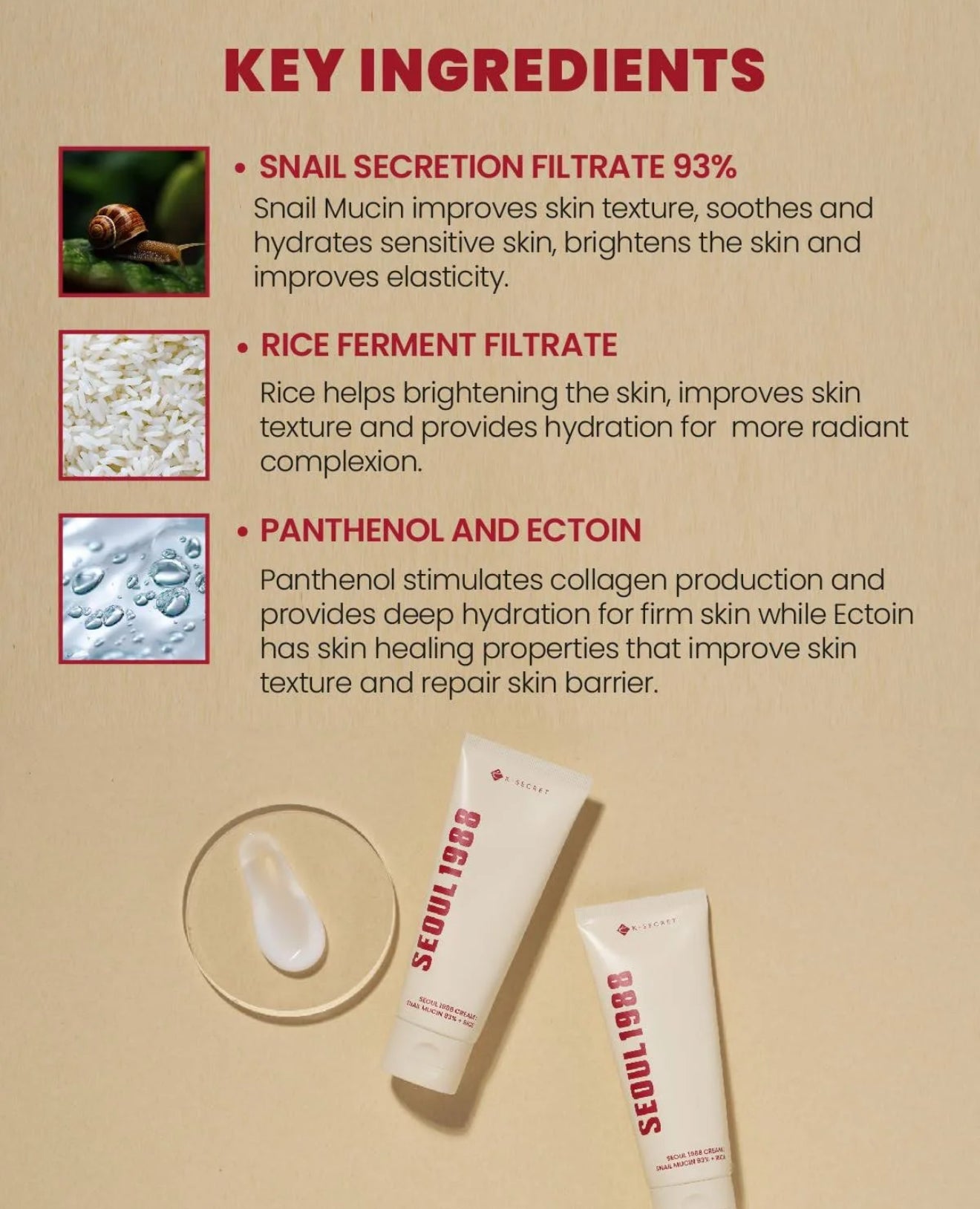 🐌 [K-SECRET]SEOUL 1988 Cream: Snail Mucin 93% + Rice – 100ml